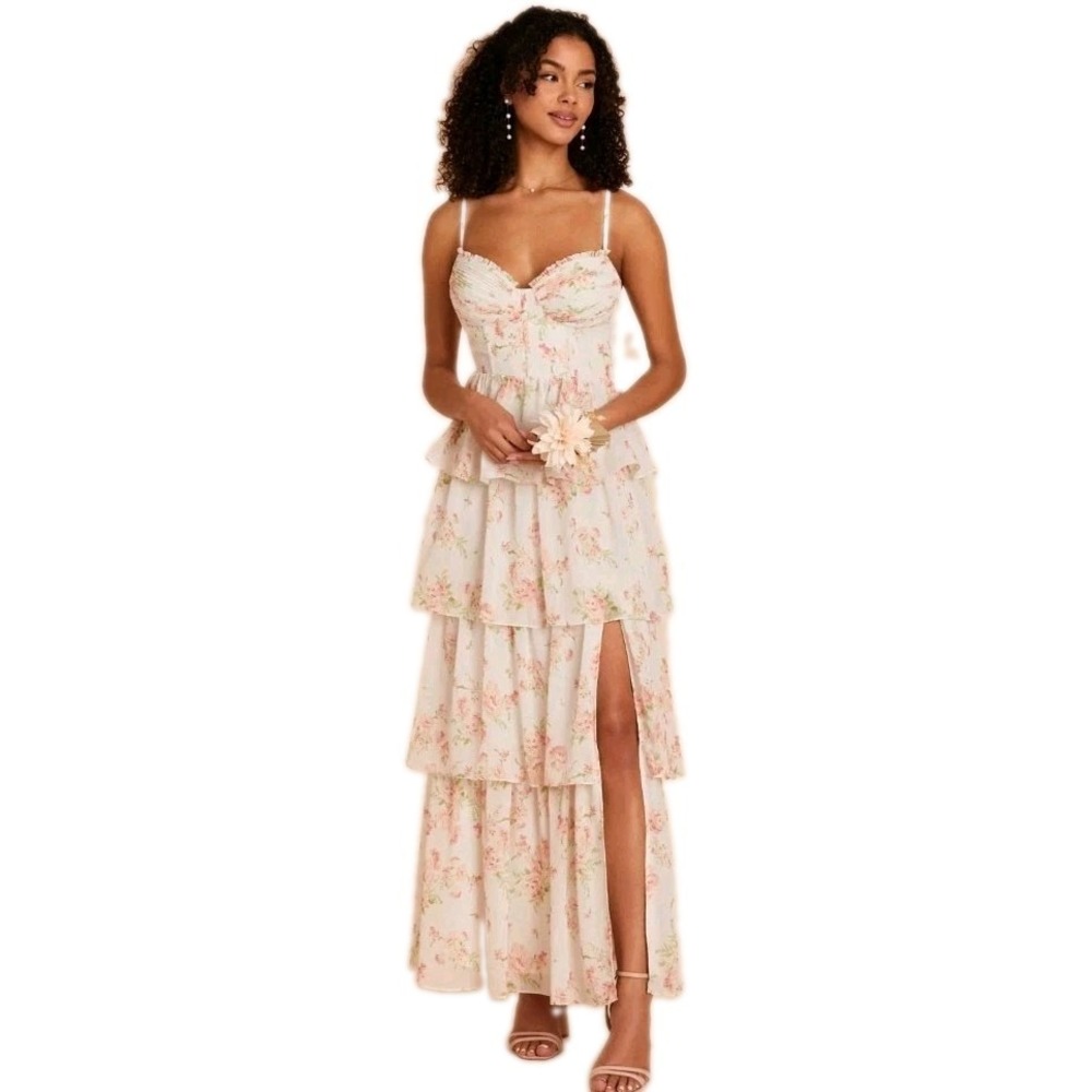 Birdy Grey Lola Chiffon Whimsical Blooms Bridesmaid Dress Tiered Ruffle Size XL